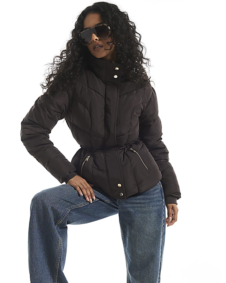 Brown Cinched Waist Padded Jacket