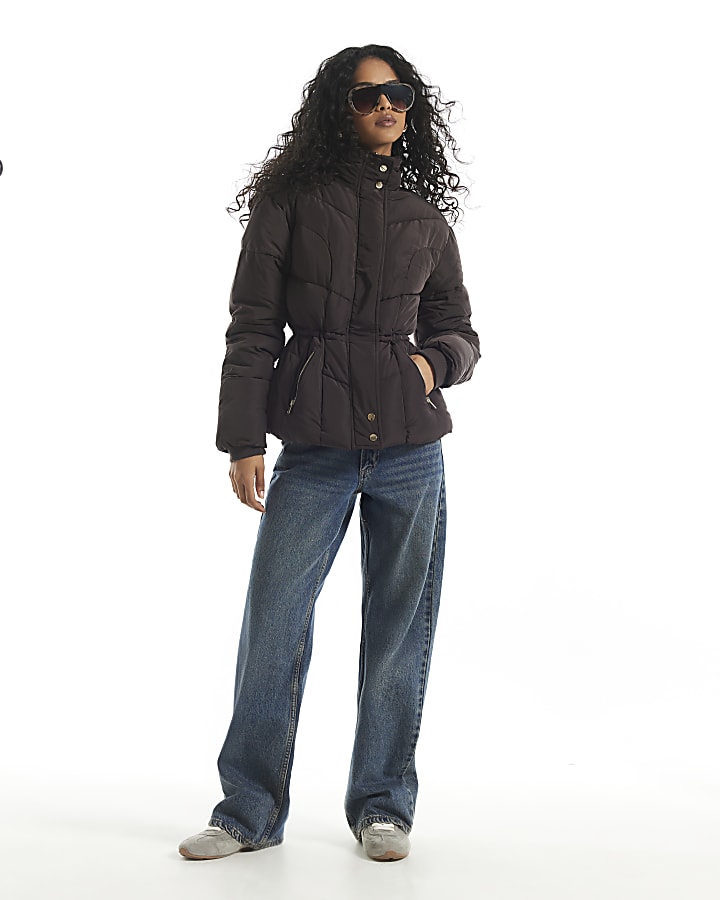 Brown Cinched Waist Padded Jacket