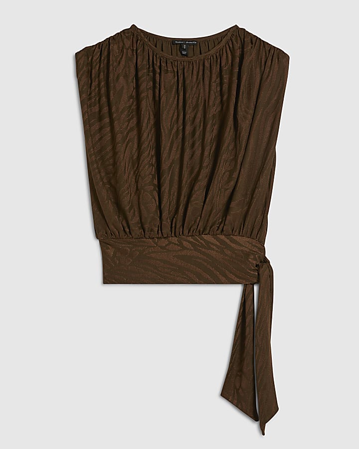 Brown Jacquard Animal Print Tie Side Top
