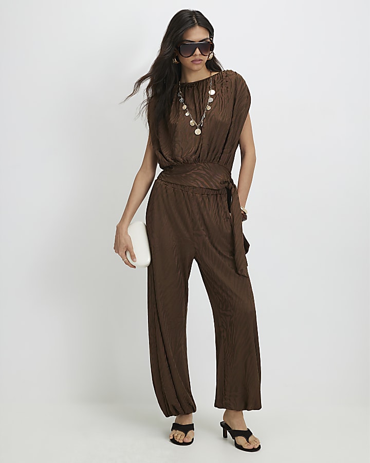 Brown Jacquard Animal Print Tie Side Top