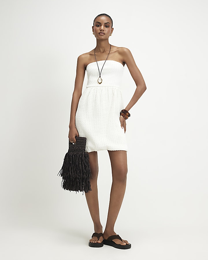 Cream Textured Bandeau Mini Dress