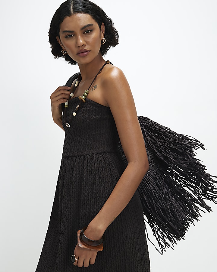 Brown Textured Bandeau Mini Dress