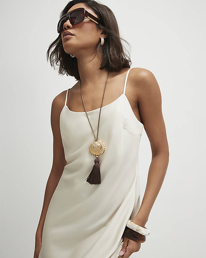 Cream Hybrid Satin Slip Dress
