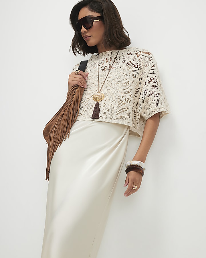 Cream Hybrid Satin Slip Dress