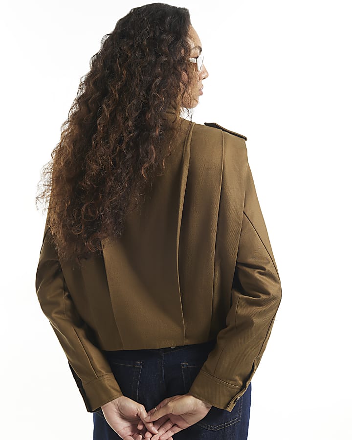 Khaki Pleat Detail Crop Jacket