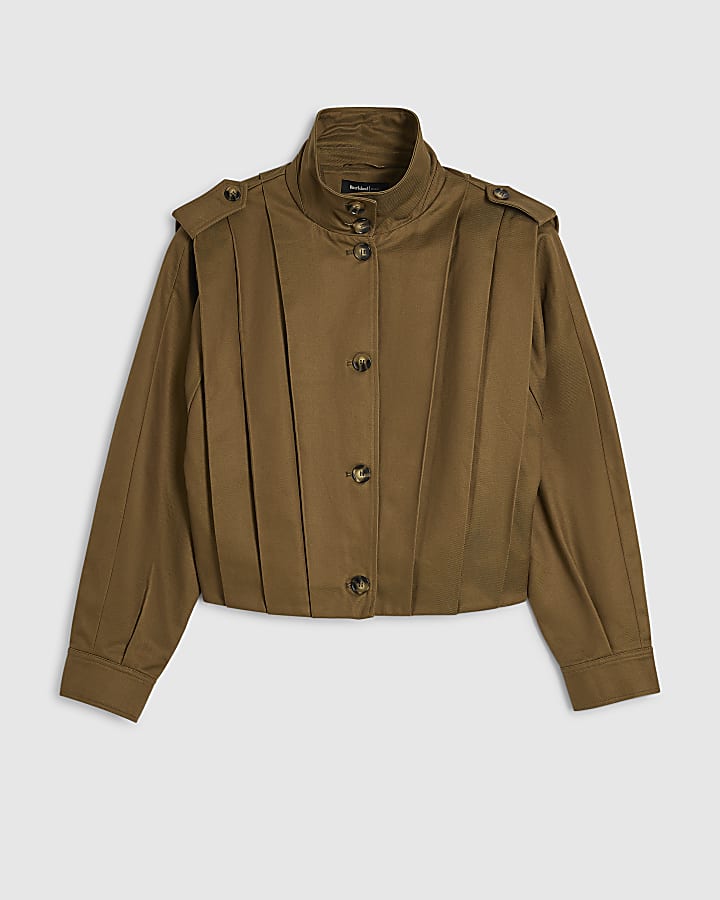 Khaki Pleat Detail Crop Jacket