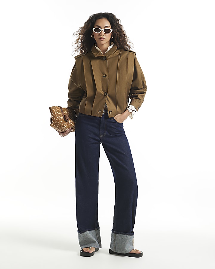 Khaki Pleat Detail Crop Jacket