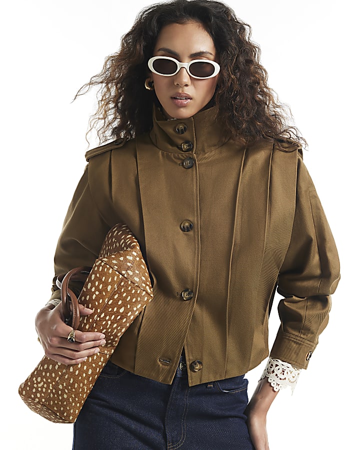 Khaki Pleat Detail Crop Jacket