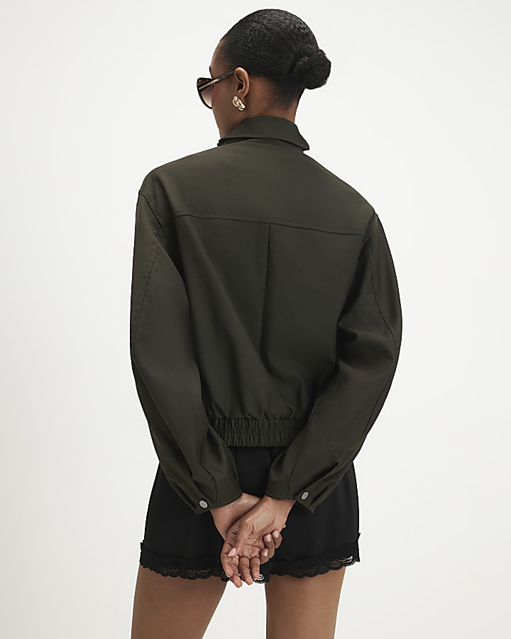 Khaki Funnel Neck Bubble Hem Bomber Jacket