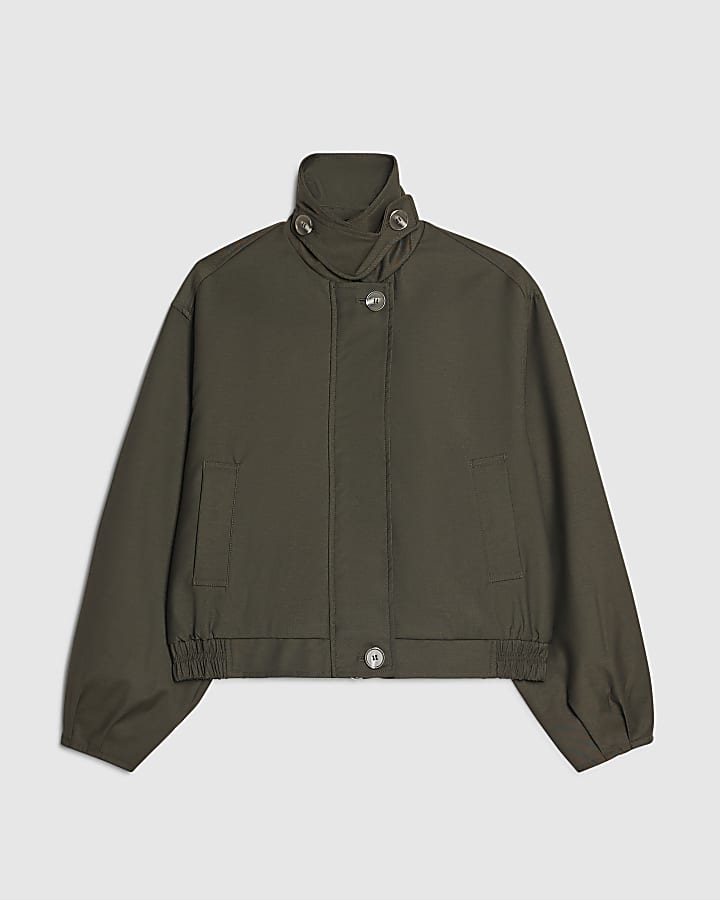 Khaki Funnel Neck Bubble Hem Bomber Jacket