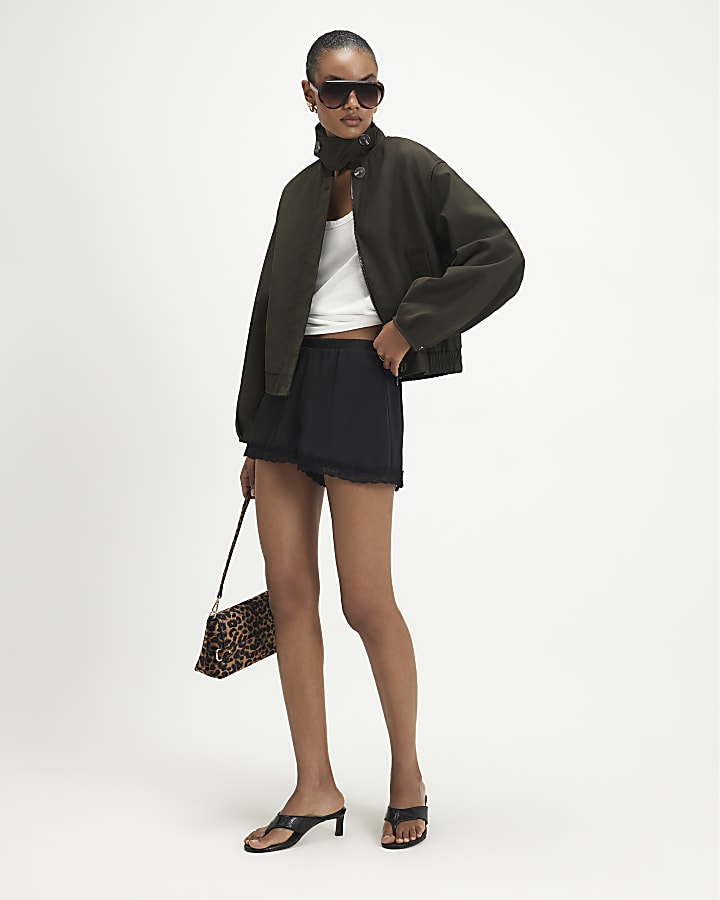 Khaki Funnel Neck Bubble Hem Bomber Jacket