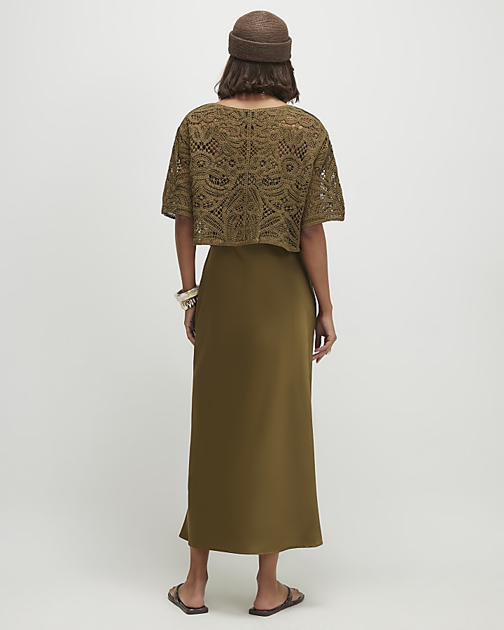 Khaki Hybrid Satin Slip Dress