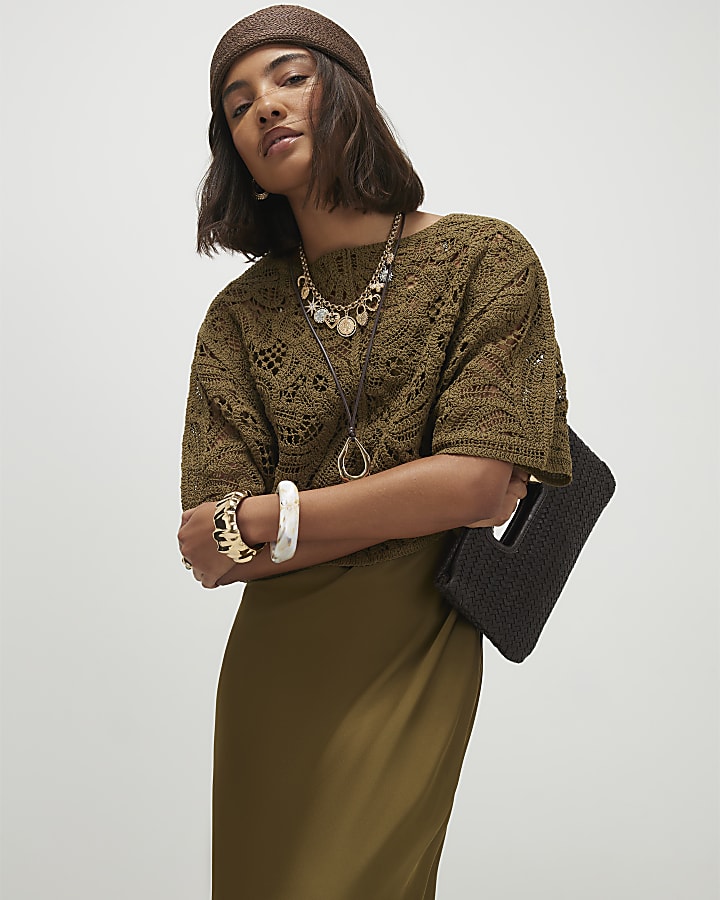 Khaki Hybrid Satin Slip Dress