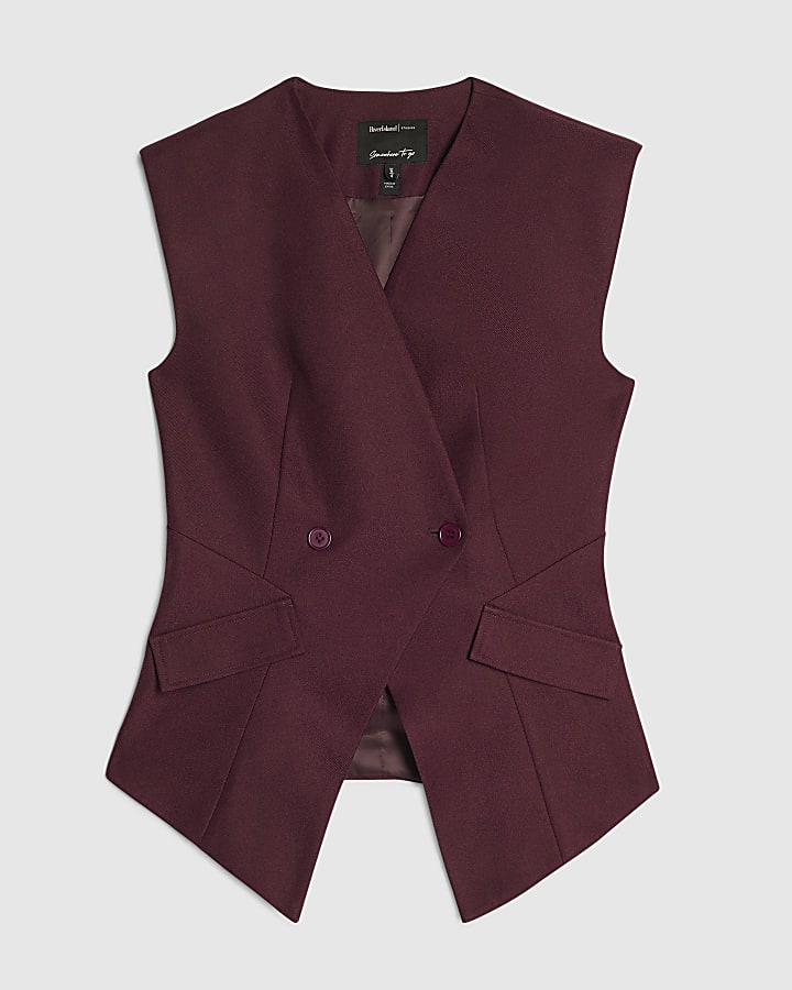 Red Double Breasted Cinched Waistcoat