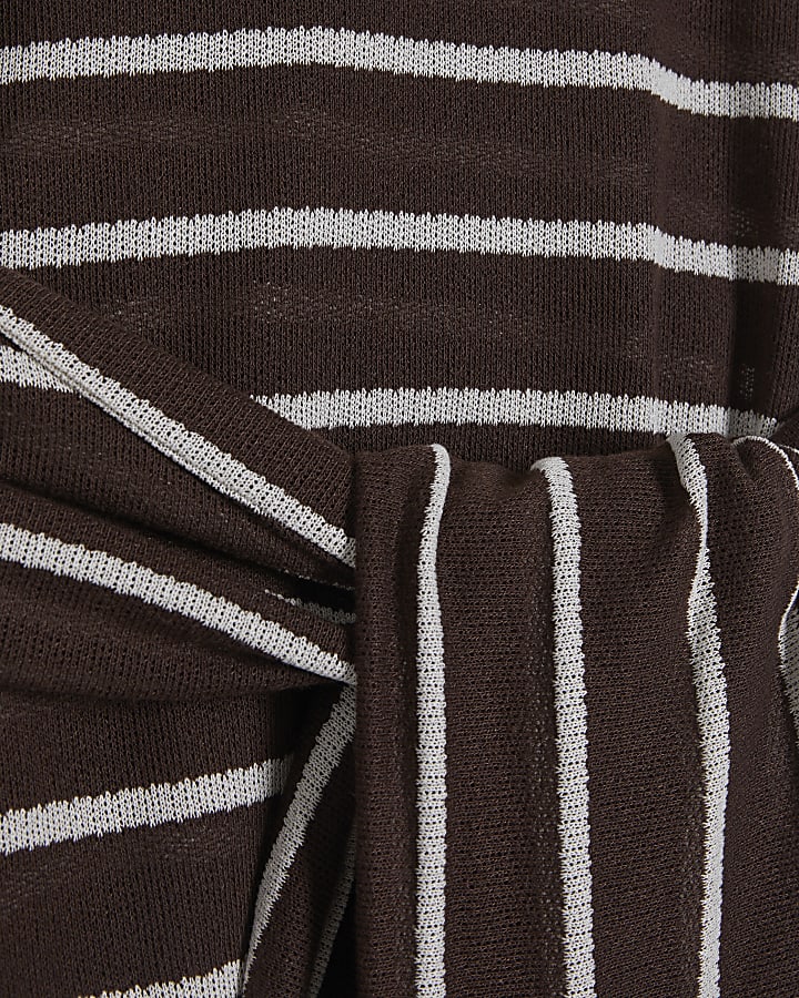 Brown Striped Textured Knot Front Top