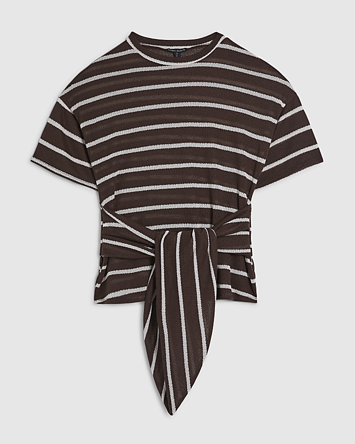 Brown Striped Textured Knot Front Top