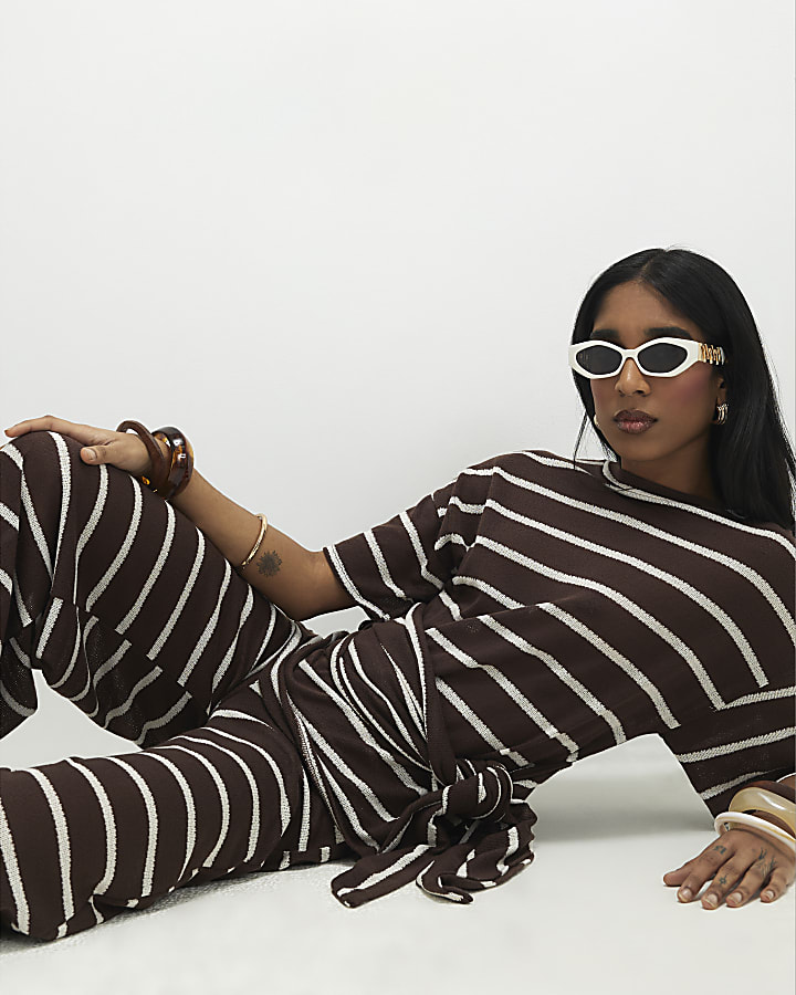 Brown Striped Textured Knot Front Top