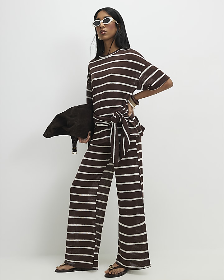 Brown Striped Textured Knot Front Top