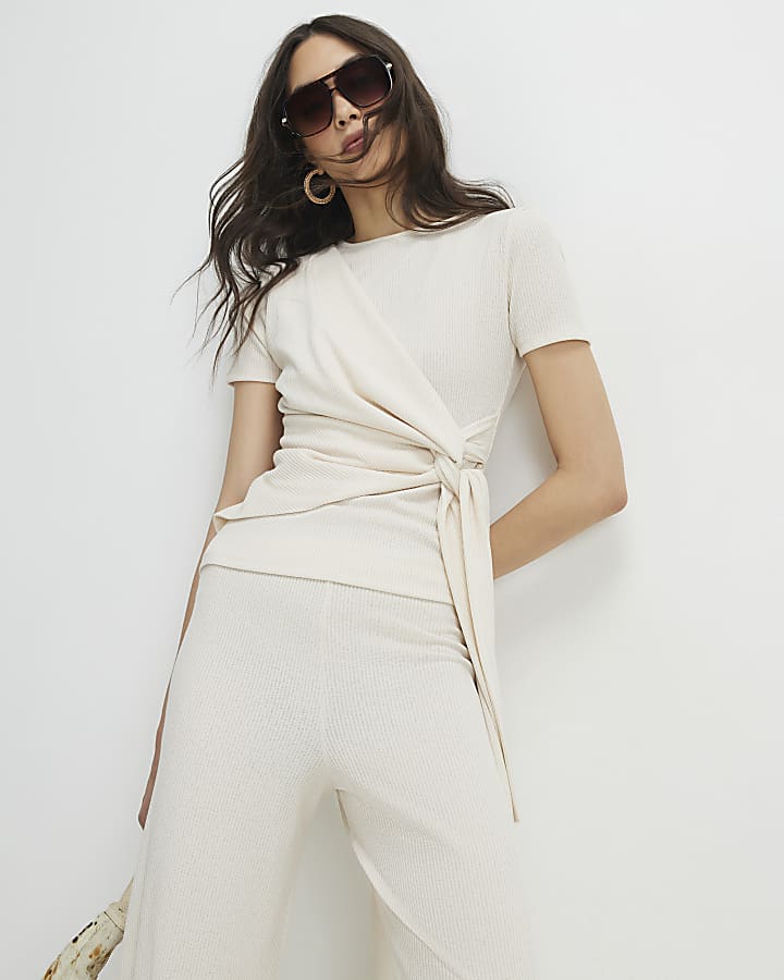 Cream Textured Knot Front Top