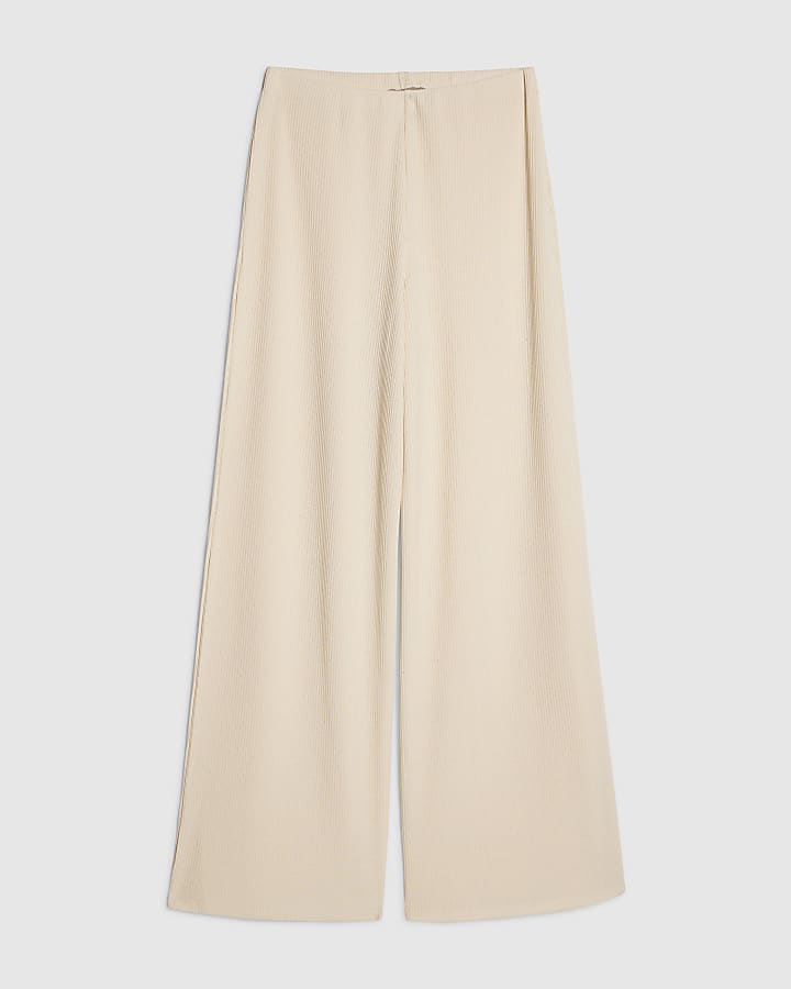 Cream Textured Wide Leg Trousers