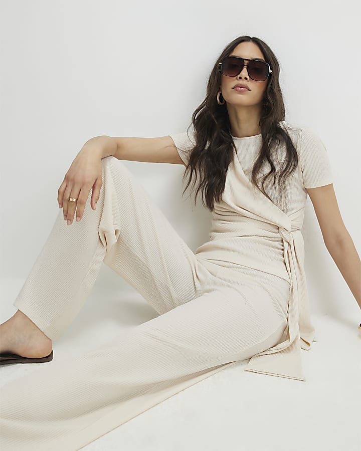 Cream Textured Wide Leg Trousers