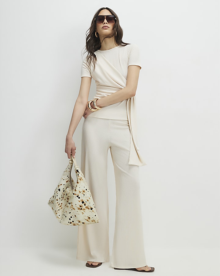 Cream Textured Wide Leg Trousers