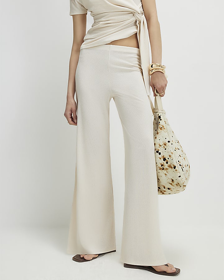 Cream Textured Wide Leg Trousers