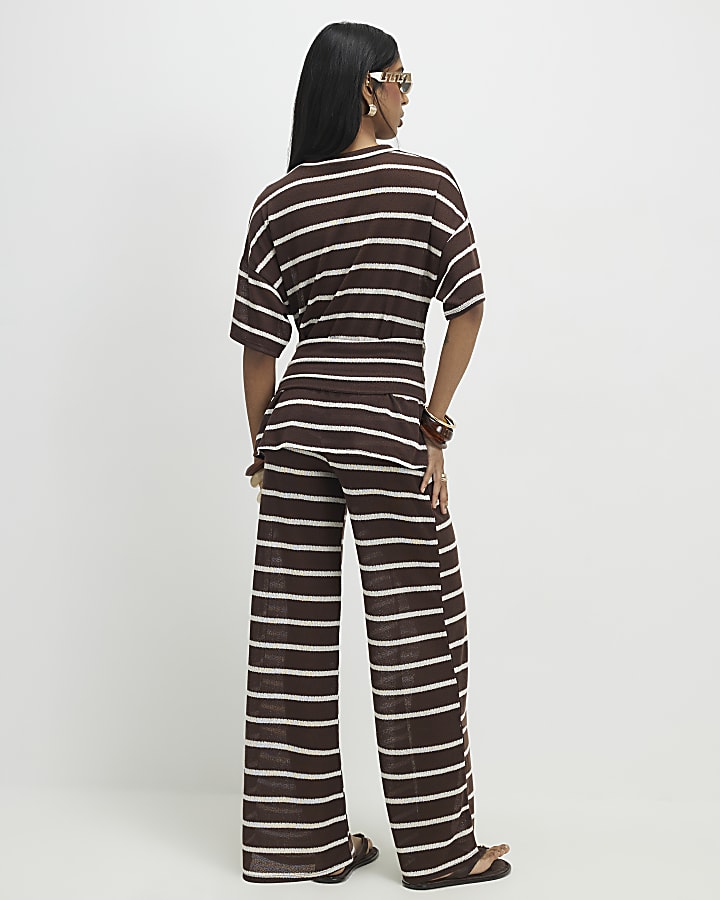 Brown Striped Textured Wide Leg Trousers