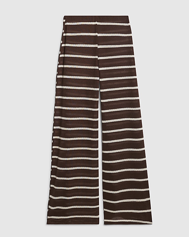 Brown Striped Textured Wide Leg Trousers