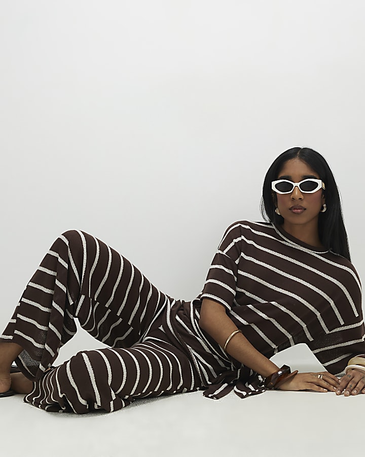 Brown Striped Textured Wide Leg Trousers