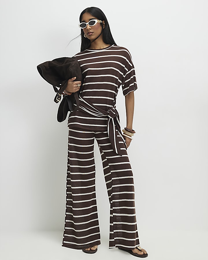 Brown Striped Textured Wide Leg Trousers