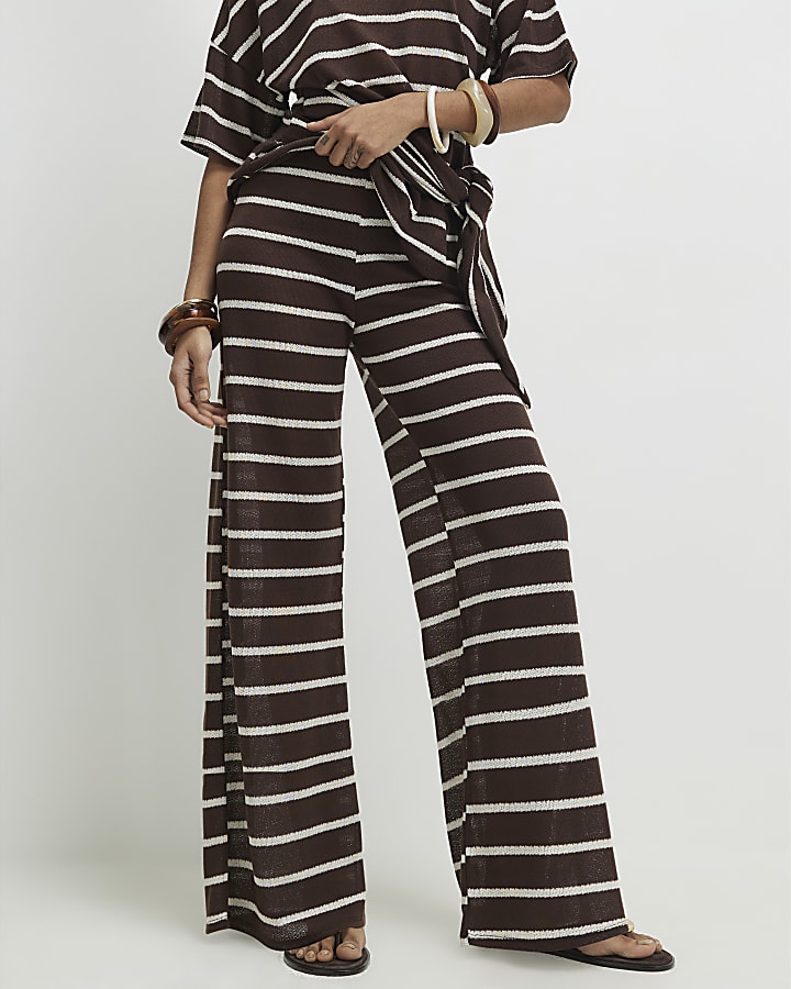 Brown Striped Textured Wide Leg Trousers