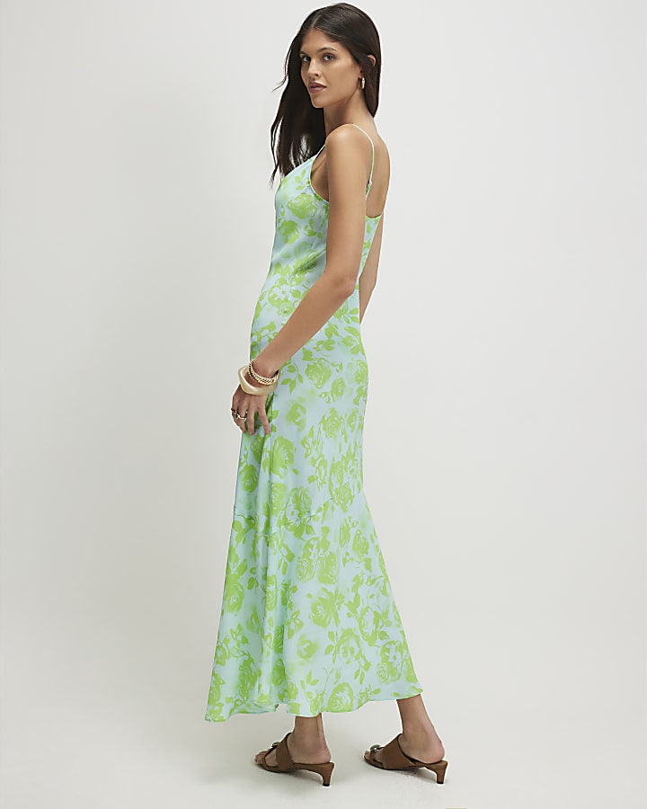 Blue Floral Print Cowl Neck Maxi Dress