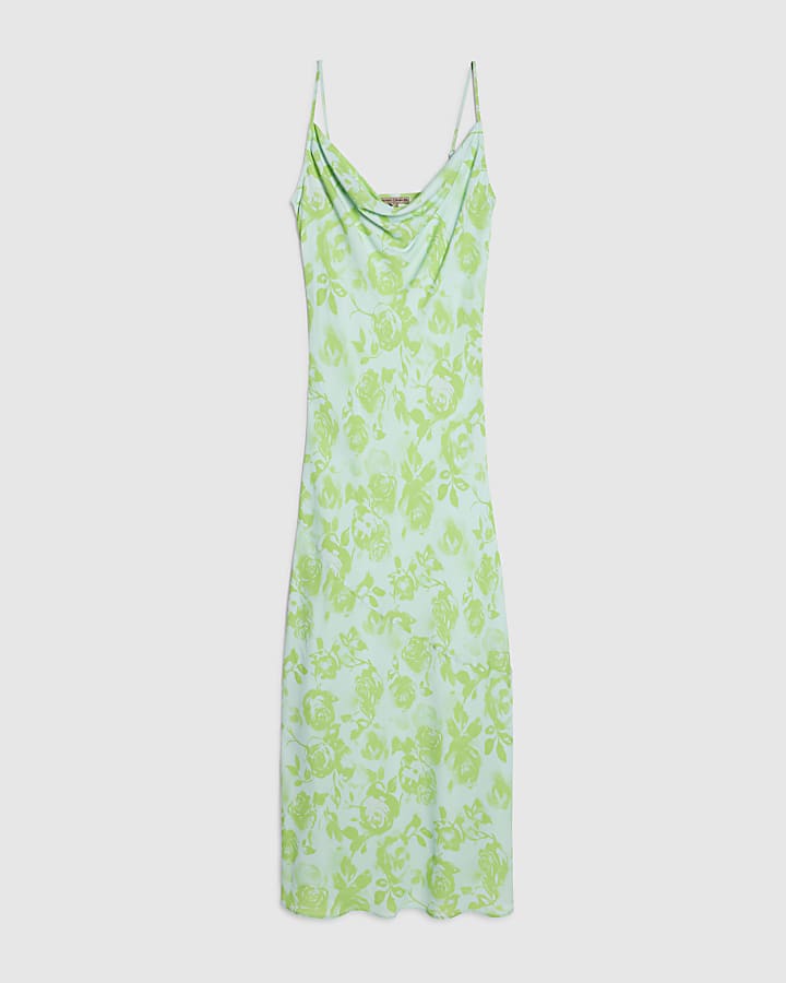 Blue Floral Print Cowl Neck Maxi Dress