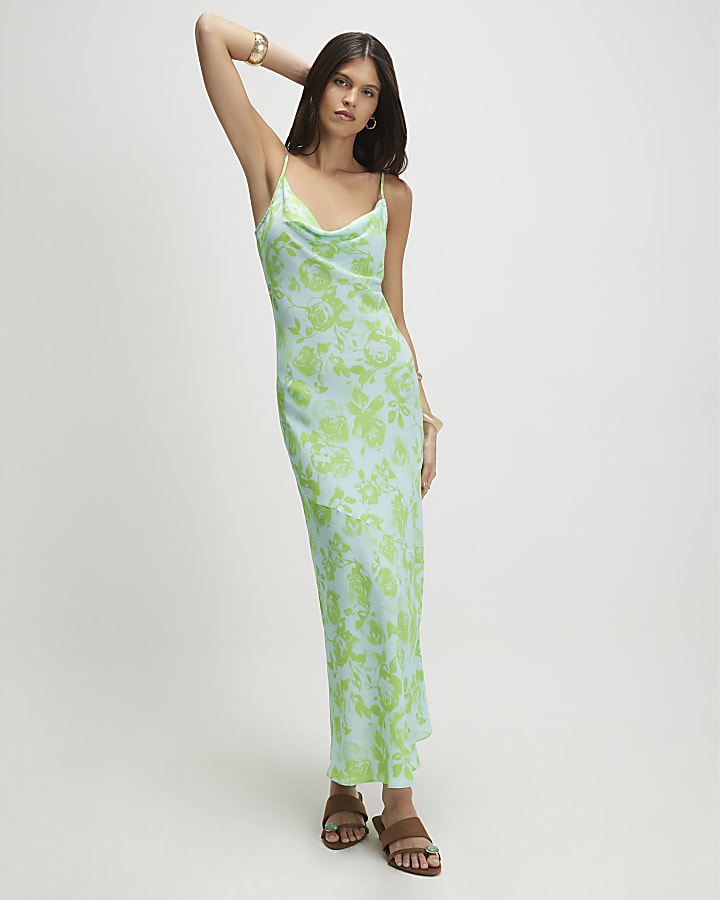 Blue Floral Print Cowl Neck Maxi Dress