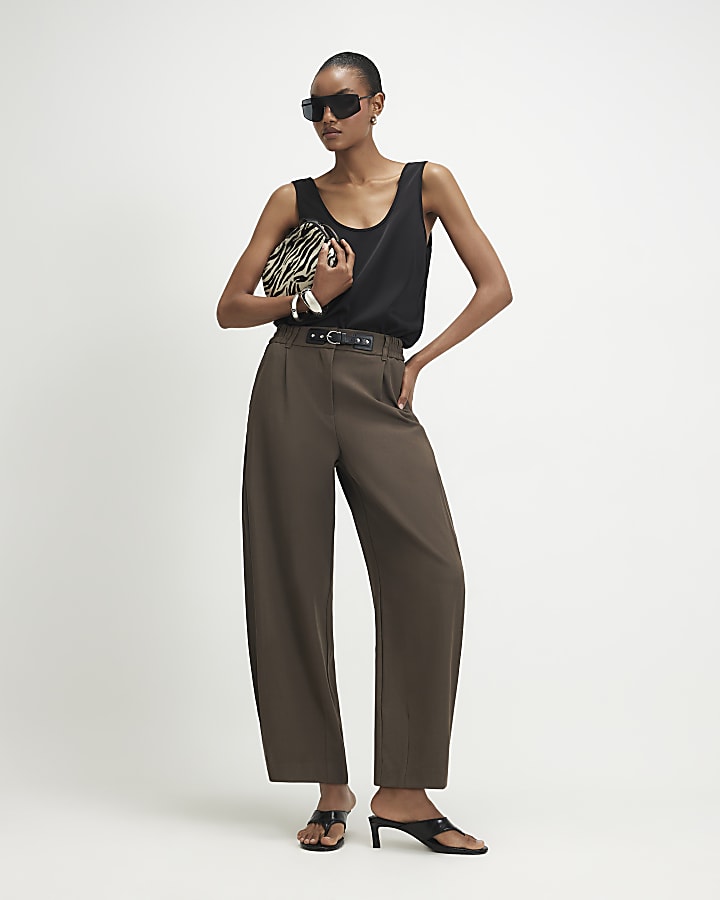 Grey Belt Trim Leg Barrel Trousers