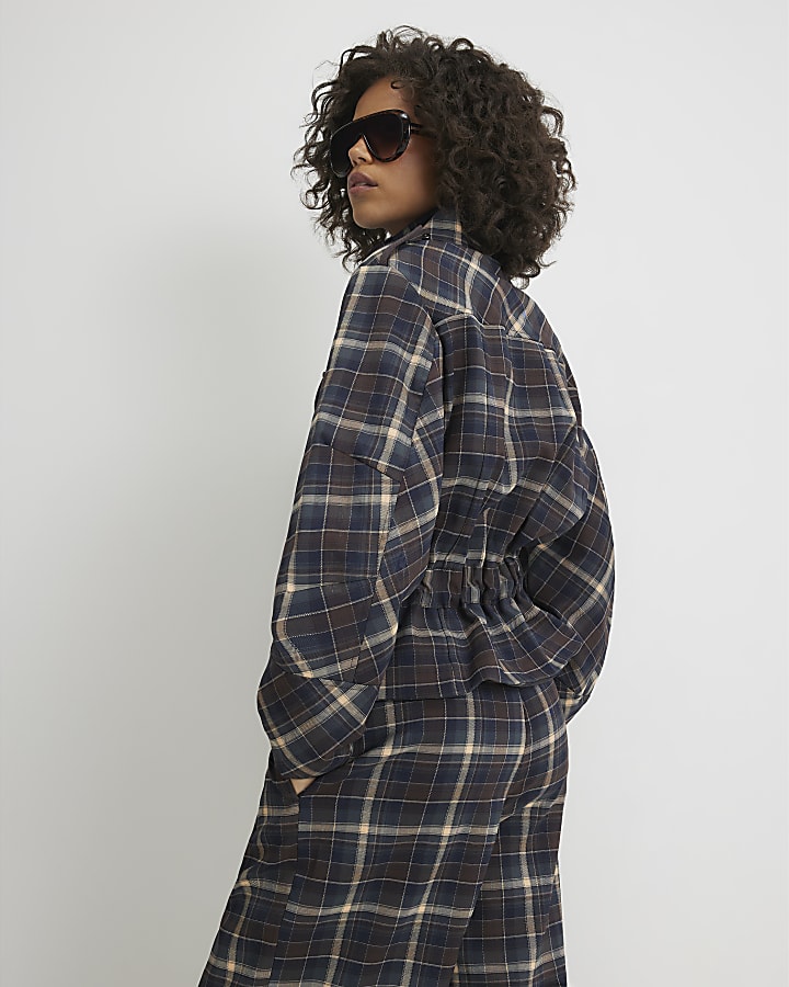 Blue Check Faux Fur Collar Parka Jacket