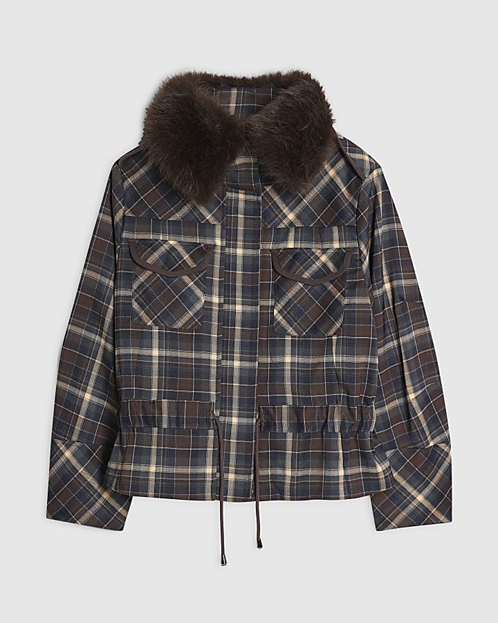 Blue Check Faux Fur Collar Parka Jacket