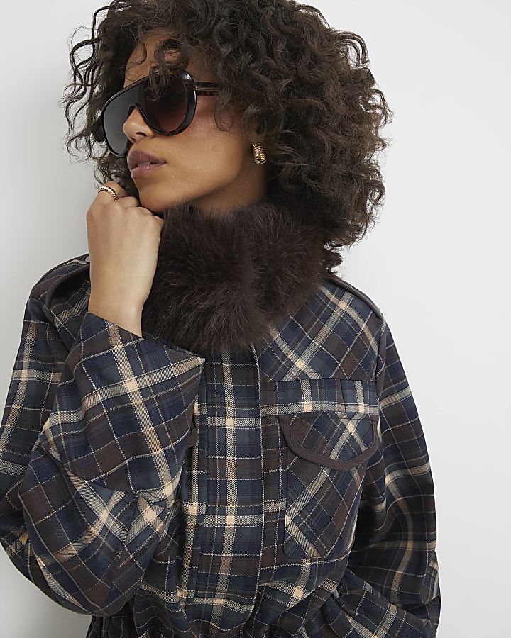 Blue Check Faux Fur Collar Parka Jacket