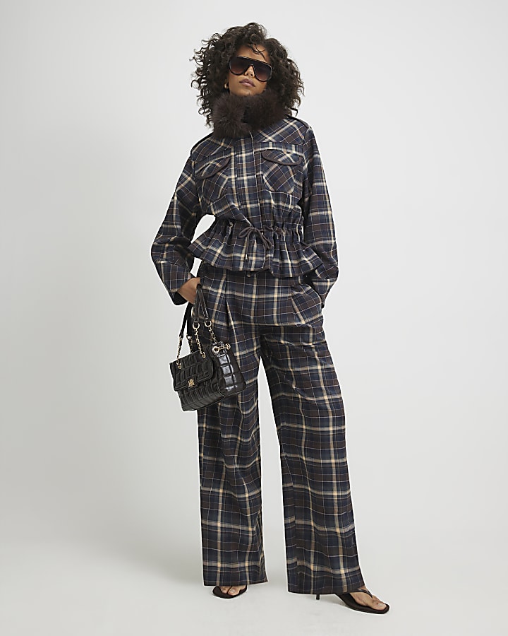 Blue Check Faux Fur Collar Parka Jacket