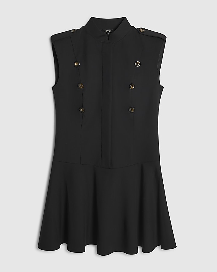Black Button Detail Military Mini Dress