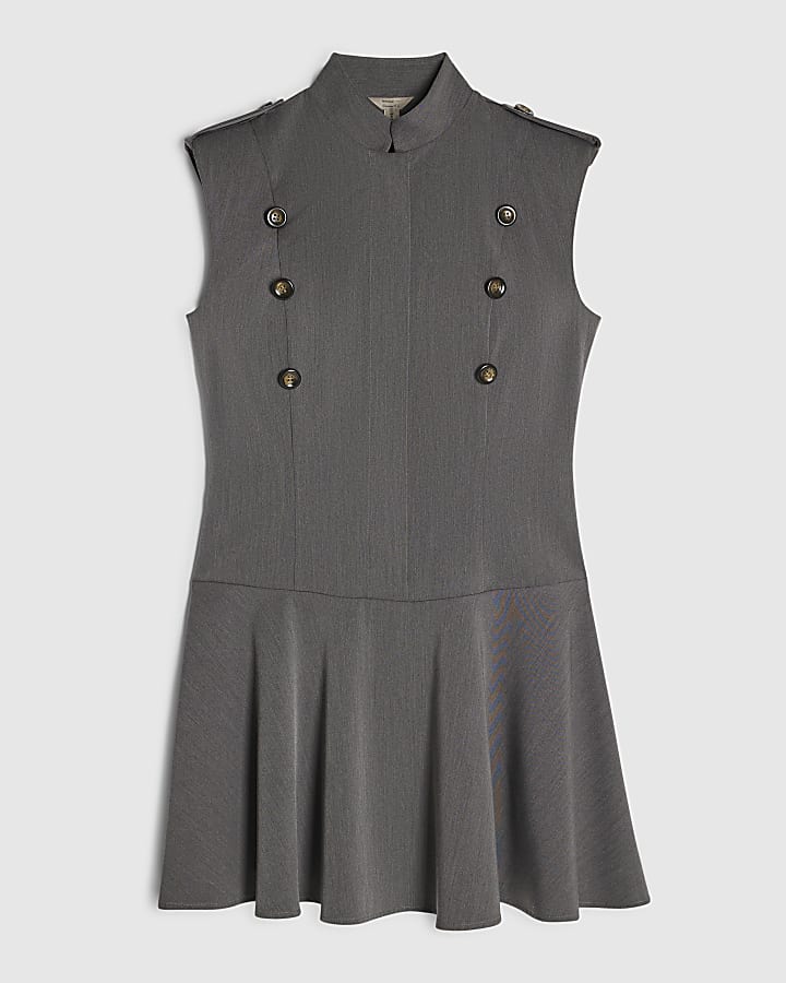 Grey Button Detail Military Mini Dress