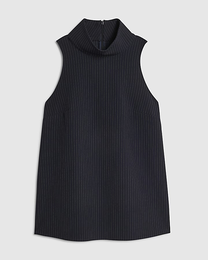 Navy Pinstripe High Neck Top