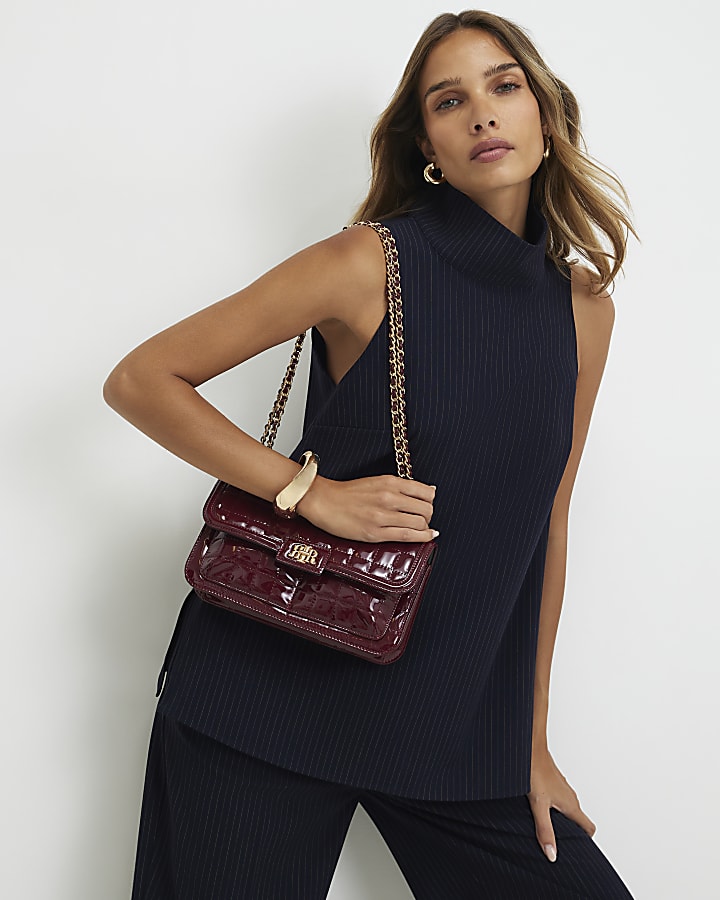 Navy Pinstripe High Neck Top