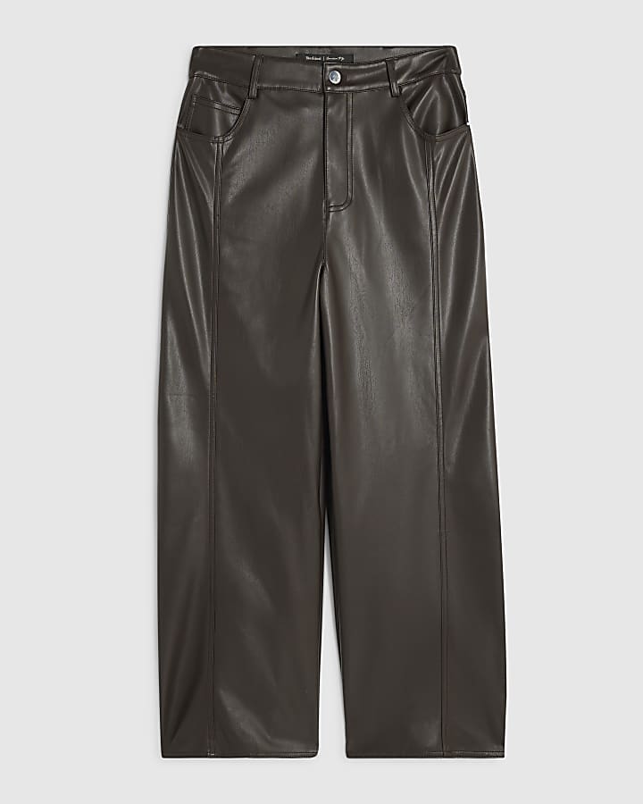 Brown Faux Leather Horseshoe Leg Trousers