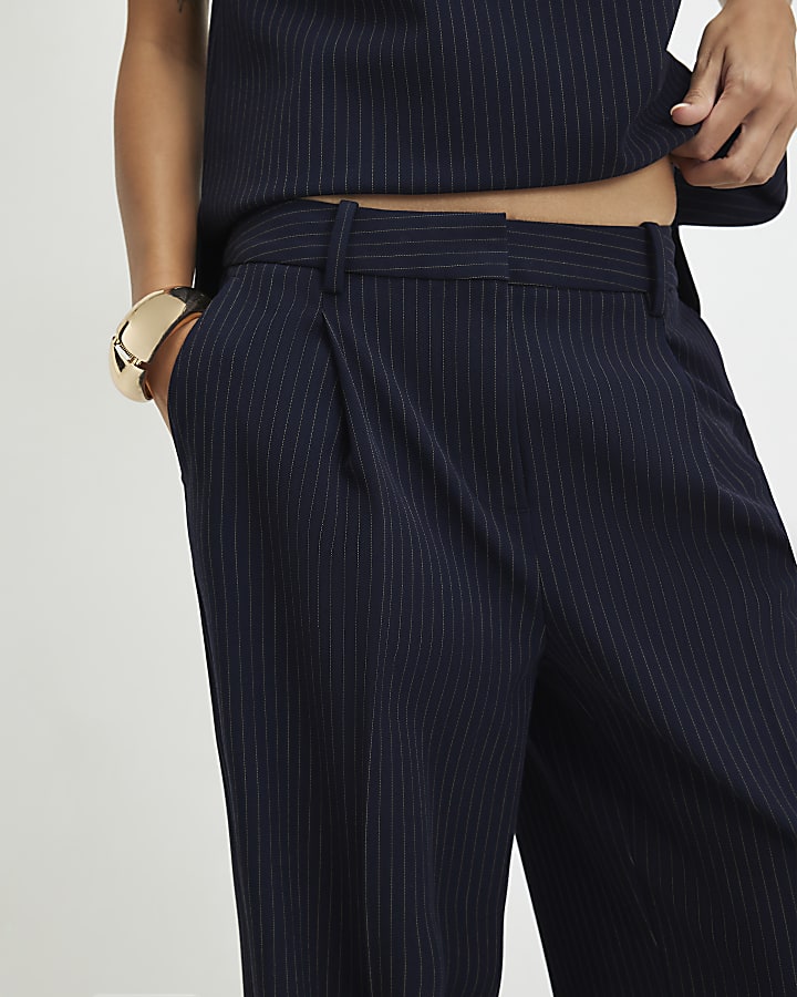 Navy Pinstripe Pleated Wide Leg Trousers