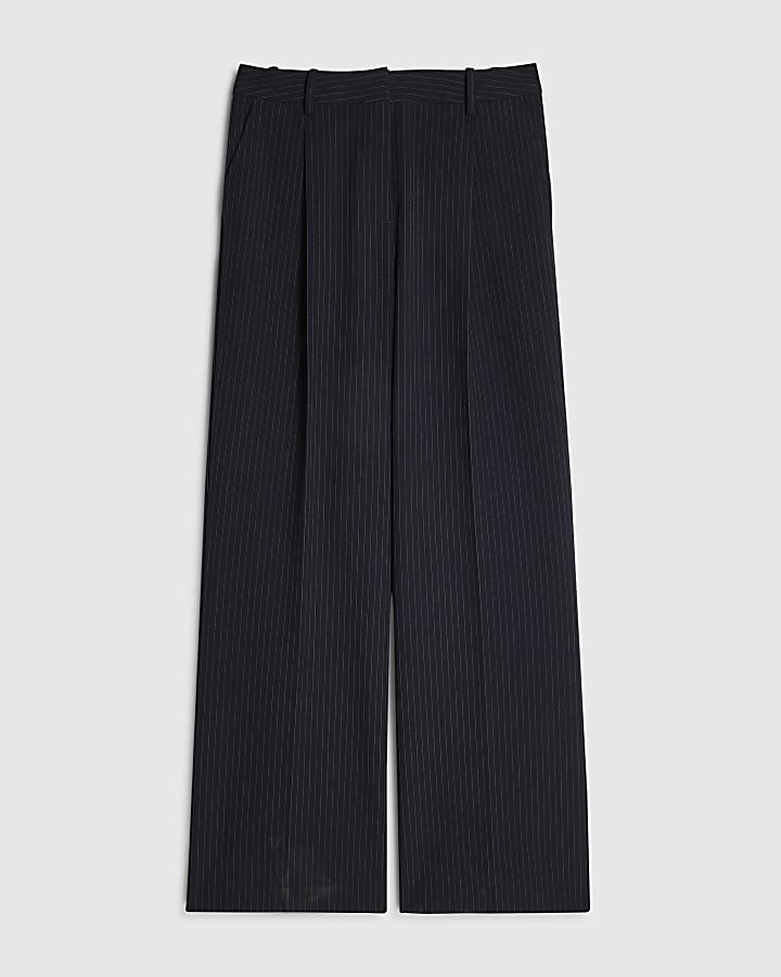 Navy Pinstripe Pleated Wide Leg Trousers