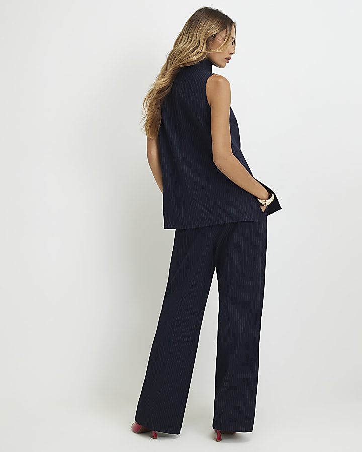 Navy Pinstripe Pleated Wide Leg Trousers