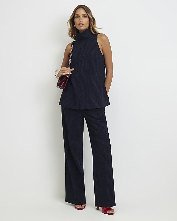 Navy Pinstripe Pleated Wide Leg Trousers
