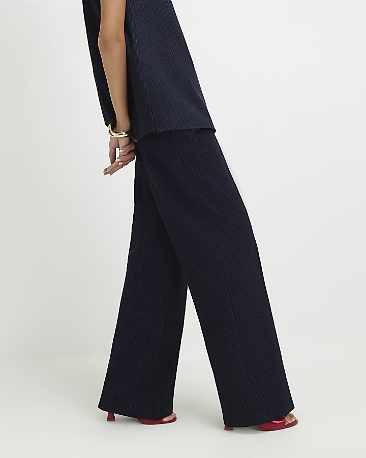 Navy Pinstripe Pleated Wide Leg Trousers
